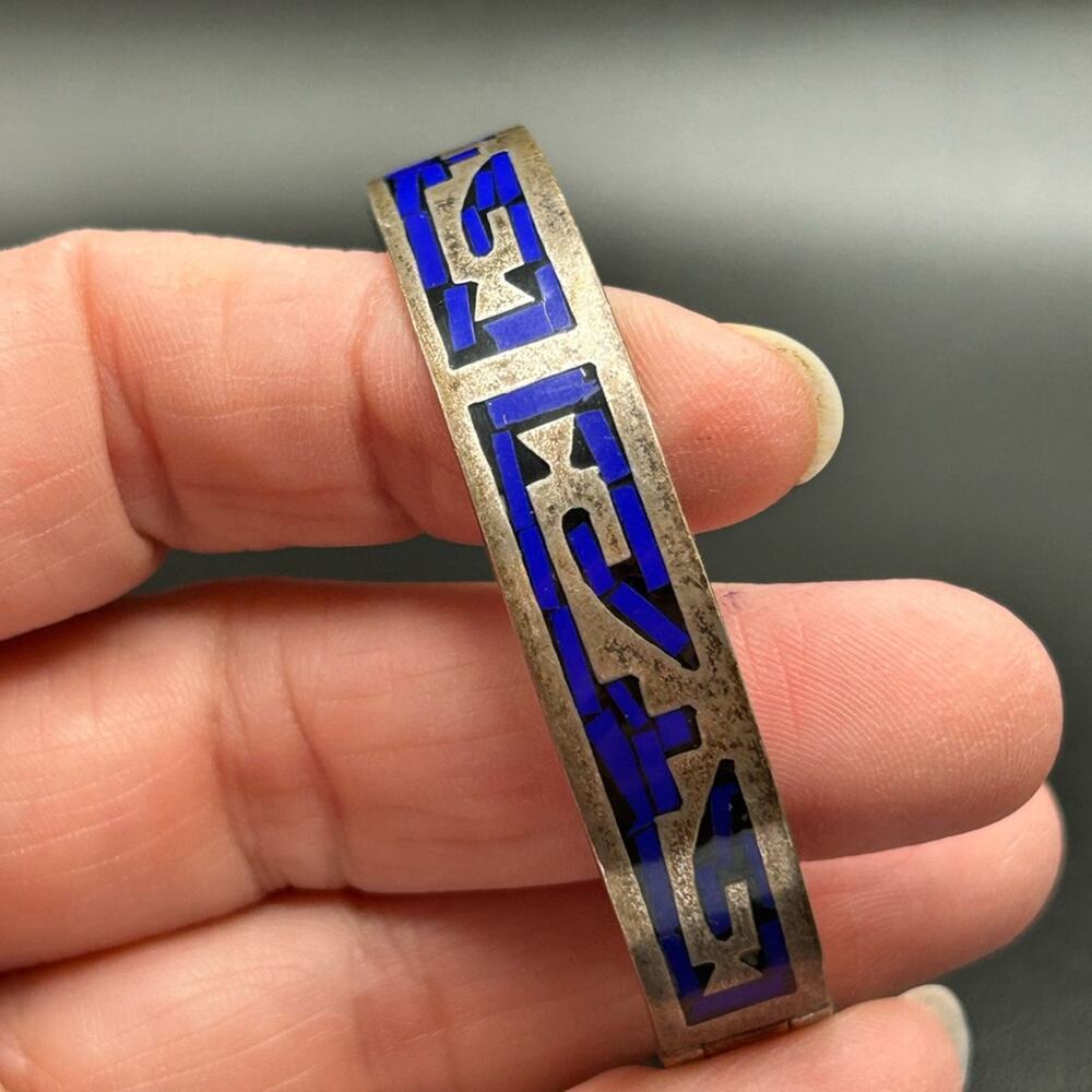 Taxco 925 Sterling Silver inlay hinged bangle bracelet #437 Stunning! - Picture 9 of 12